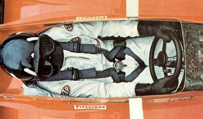 Top down shot of Graham Hill in the Lotus 56 Turbine